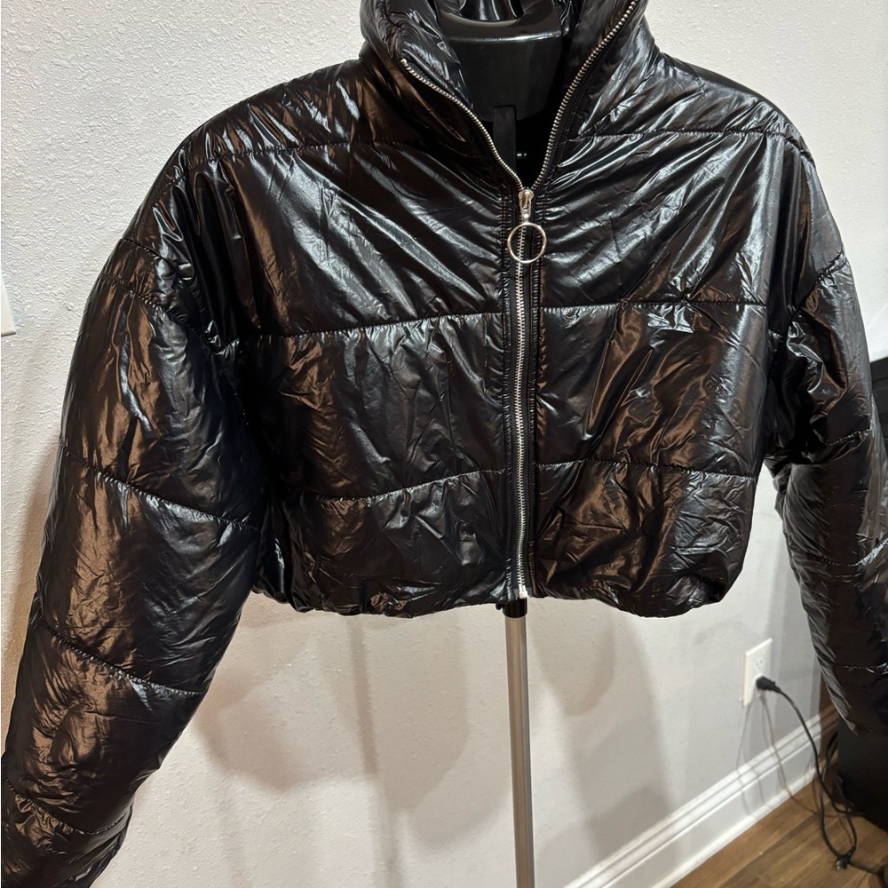 Glossy Black Puffer Jacket with Stand-Up Collar